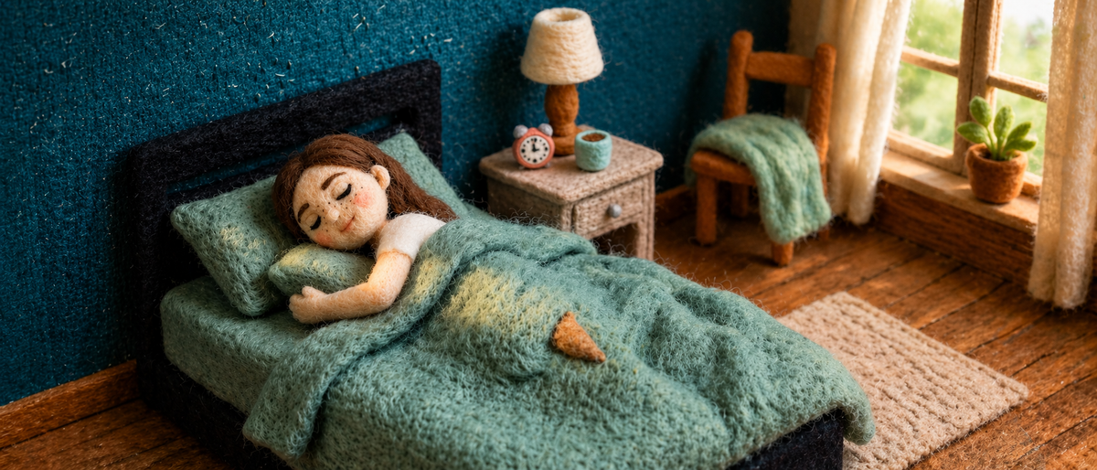 Illustration en laine feutrée : une personne endormie sous une couette en laine verte