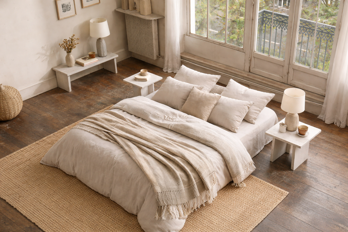 Chambre vue d'en haut : lit avec couette et plaid en laine aux tons naturels