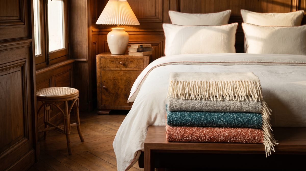 Plaids en laine Bouclé Lanado pliés au pied d'un lit, en écru, gris, bleu canard et orange